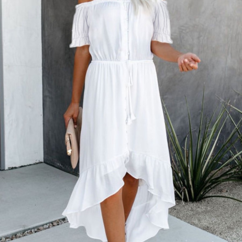 White Glaze High Low Off The Shoulder Maxi Dress